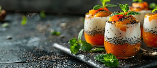 Aufkleber - A tantalizing dessert featuring persimmon and chia seeds is displayed on a table with copy space image