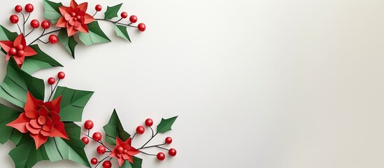 Poster - Children s art creating a paper flower holly with red berries on a white backdrop for a Christmas themed copy space image