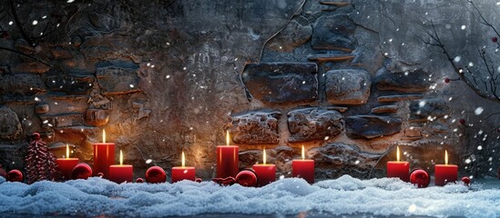 Poster - A festive scene with candles in the snow against a stone wall perfect for adding text or images within the frame. with copy space image. Place for adding text or design