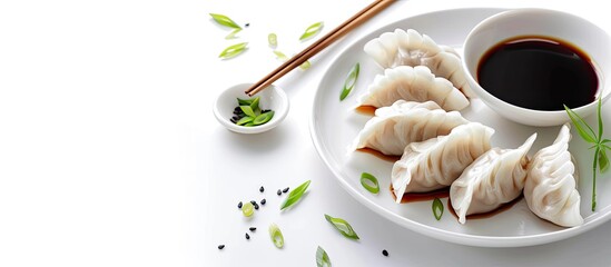 Aufkleber - A white background with steamed dumplings and soy sauce providing room for text or other elements in the image. with copy space image. Place for adding text or design