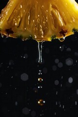 Macro closeup view of juicy dripping fresh pineapple slice cut