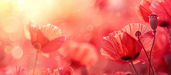 Leinwandbilder - Blurred macro background with red poppies suitable for a romantic greeting card with copy space image capturing blooming flowers on a sunny spring day