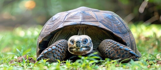 Wall Mural - A tortoise or land turtle withdrawing its head into its shell to seek safety with room for text in the image. with copy space image. Place for adding text or design