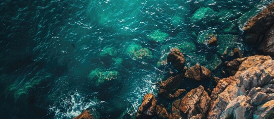 Poster - Aerial view of the ocean and stone with a scenic seascape as the backdrop showcasing various tones of turquoise copy space image
