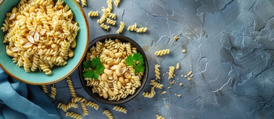 Aufkleber - Top view of a small bowl filled with creamy peanut pasta placed on a table background with copy space image