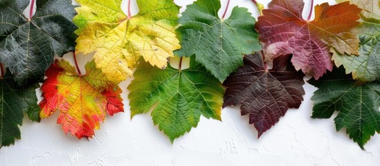 Wall Mural - A close up image of girlish grape leaves in various colors on a white backdrop with copy space