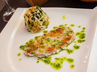 Sticker - Image of tasty grilled tuna with garlic and parsley, served with rice