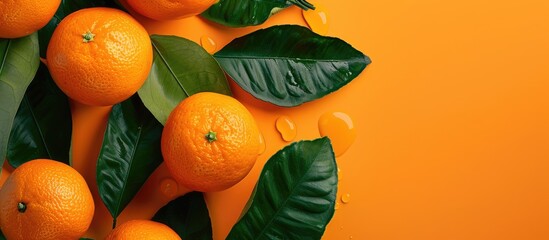Poster - A vibrant orange banner featuring fresh oranges with lush leaves for design conveying a health conscious message about diet and vitamin C with ample copy space image