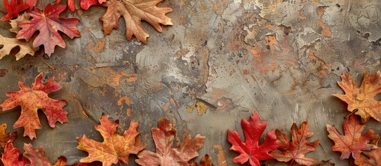 Wall Mural - Fall themed background featuring red oak leaves in transition symbolizing the changing seasons from summer to fall ideal for Thanksgiving Day with ample copy space image