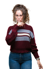 Sticker - Beautiful brunette curly hair young girl wearing glasses over isolated background asking to be quiet with finger on lips. Silence and secret concept.