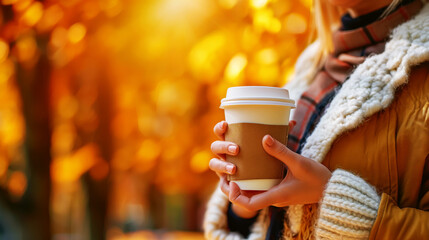 Sticker - Person holding a disposable coffee cup with a cardboard sleeve against a background of bright autumn foliage.