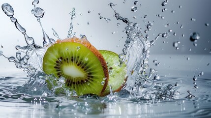 Fresh juicy kiwi fruit slices with water splash