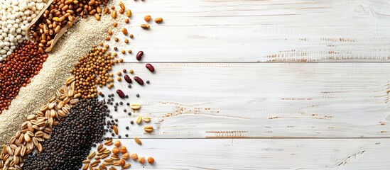 Aufkleber - Various grains legumes and beans scattered on a white wooden surface with copy space image