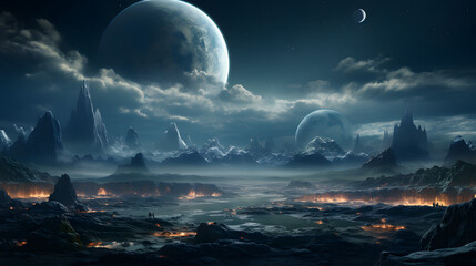 A dark, moody landscape of a volcanic planet illuminates the night sky with clouds, three moons, stars, and two figures exploring the landscape.