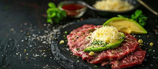 Fototapete - Healthy diet food featuring sliced beef and avocado topped with grated cheese displayed in a tempting manner with an appealing copy space image