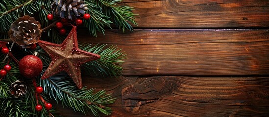 Poster - Wooden background featuring a festive Christmas card adorned with a decorative star fir branches and ample copy space image