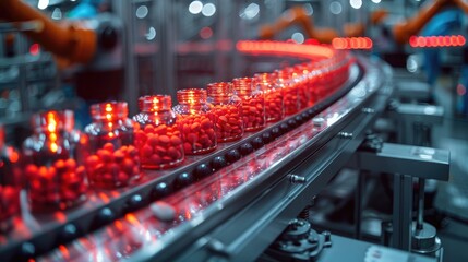 Automated pharmaceutical production line with red capsules, manufacturing and packaging in a modern industrial facility.