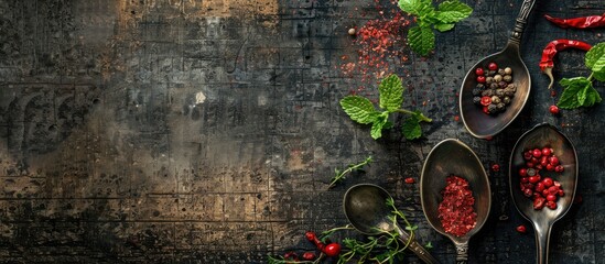 Aufkleber - A dark rustic background with spoons holding crushed red pepper and dried mint providing a contrast to the copy space image
