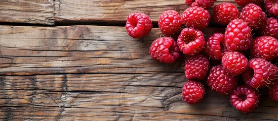 Wall Mural - Close up photograph of fresh ripe organic raspberries on a wooden background with copy space image