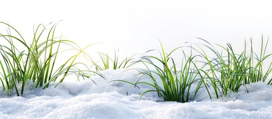 Poster - The serene scene features lush green grass emerging gracefully through a blanket of pure white snow creating a picturesque copy space image