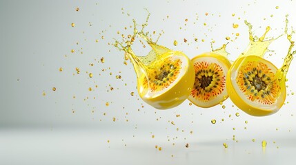Wall Mural - exotic passion fruit slices in mid-air splash on plain background - tangy refreshing summer concept,