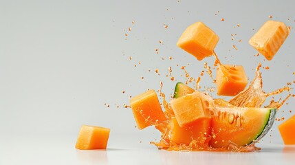 Wall Mural - fresh melon chunks in splashy juice - juicy and refreshing summer drink concept with dynamic splash 