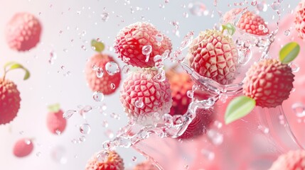 Wall Mural - Vibrant Lychee Floating in Clear Juice with Dynamic Droplets on Solid Backdrop - Exotic and Refreshing Concept, Generative Ai