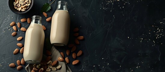Poster - Dark black table displaying two bottles of almond milk with nuts a sugar free lactose free vegetarian milk option providing a copy space image