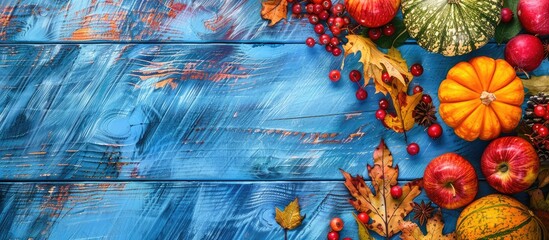 Wall Mural - Thanksgiving day setting with autumn leaves berries and vegetables arranged on a blue wooden table creating a cozy atmosphere for a meal with copy space image