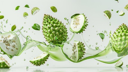 Wall Mural - refreshing exotic soursop chunks in mid-air splash - tropical fruits beverage concept on plain backg