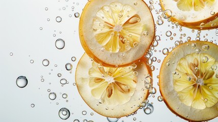 Wall Mural - Fresh Quince Slices Floating in Sweet Liquid with Suspended Droplets on Plain Background, Generative Ai