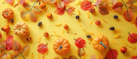 Poster - Close up autumn horizontal photography displaying vibrant tree leaves and pumpkins on a yellow background ideal for fall designs with a copy space image