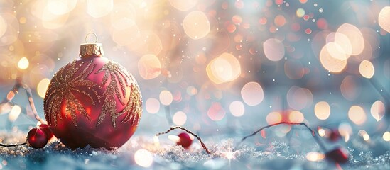 Poster - Christmas ball decoration placed against a blurred background with empty space for text in the image. with copy space image. Place for adding text or design