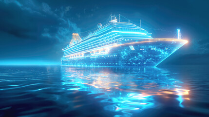 Wall Mural - A large cruise ship illuminated with neon lights on calm waters at night, with clouds in the sky creating a dramatic backdrop.