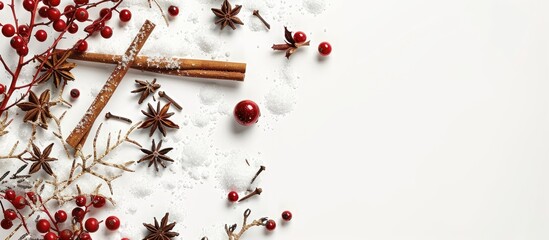 Leinwandbilder - Christmas themed border design featuring snow cinnamon sticks and berries on a white background with a copy space image capturing a festive holiday atmosphere for the winter season