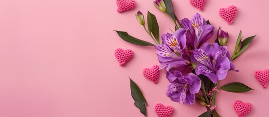 Poster - Valentine s Day concept featuring purple Alstroemeria flowers with knitted pink hearts on a pink background in a top view copy space image