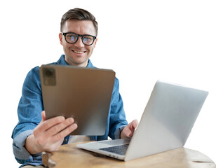 Online video chat at work, a positive male manager uses a tablet and laptop. Cut out