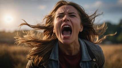 A woman with flowing hair shouts intensely outdoors, capturing a moment of raw emotion and energy in a natural setting.
