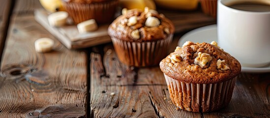 Poster - Close up of a banana nut muffin served alongside coffee for breakfast on a vintage rustic wood kitchen table The image features selective focus and copy space