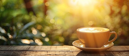 Canvas Print - Cappuccino cup on wooden surface with blurred nature background ideal for copy space image