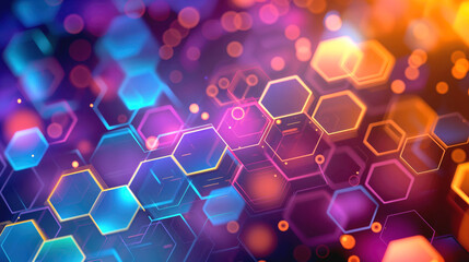 Abstract futuristic background with glowing hexagonal shapes and vibrant gradient colors.