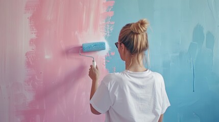 Wall Mural - A woman paints a wall with a roller, creating a half pink, half blue design, expressing creativity and home improvement.