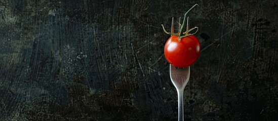 Wall Mural - A ripe cherry tomato skewered on a fork against a dark backdrop providing an elegant copy space image