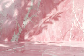 Sticker - 
Pink marble wall with white vein and light rays and shadows of leaves on it. product display background
