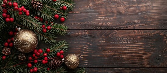 Poster - Decorative Christmas themed composition featuring pine tree frame red berries and a golden ornament on a wooden backdrop suitable for text and invitation cards with copy space image