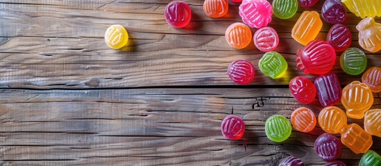 Aufkleber - An appetizing assortment of hard candies displayed on a wooden surface in a flat lay composition with room for text in the image. with copy space image. Place for adding text or design