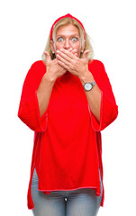 Poster - Middle age blonde woman over isolated background shocked covering mouth with hands for mistake. Secret concept.