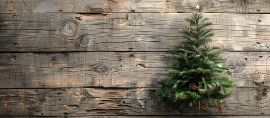 Poster - Copy space image of a Christmas tree on a wooden board background