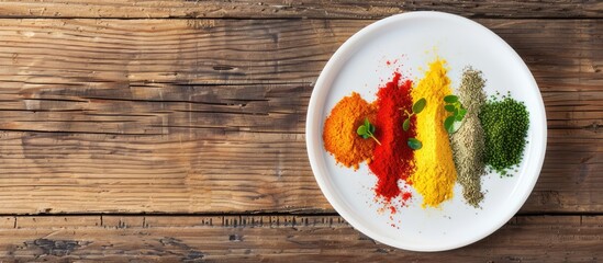 Leinwandbilder - A colorful array of spices on a white plate set against a wooden backdrop provides ample copy space for text in the image