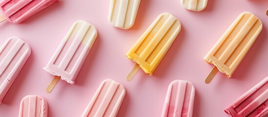 Poster - Copy space image of various popsicle ice creams on a soft pink spring themed background photographed from above in a flat lay style